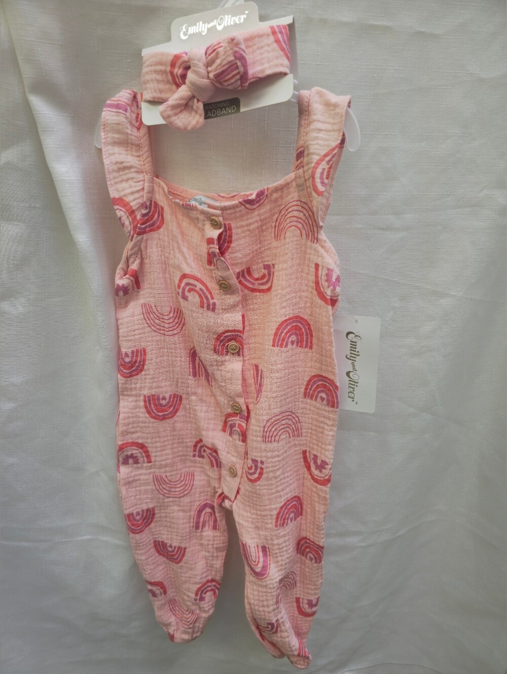 Emily & Oliver Pink Rainbow Muslin Gauze Romper Headband 18M NWT